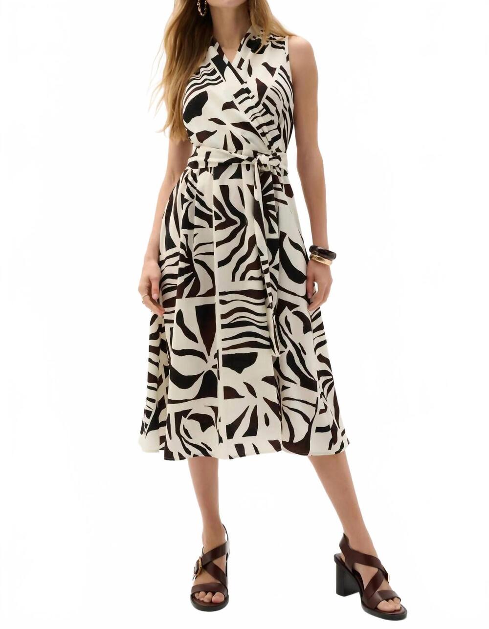 NEW JOSEPH RIBKOFF tropical fit and flare wrap dress in beige multi
